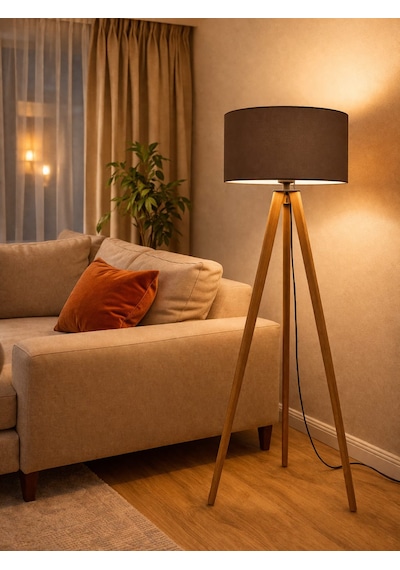 Tripod Lambader 3 Ayaklı Ahşap Kahverengi Abajur Kumaş Başlık Köşe Aydınlatma