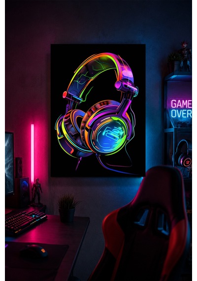 Neon Gaming Kulaklık Metal Duvar Tablosu Gamer Oda Dekoru Modern Tasarım 15x20 Cm A5 Boyutunda