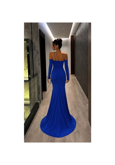 DefyModa Kadın Günlük Tek Omuz Taş Detaylı Abiye Elbise Saks
