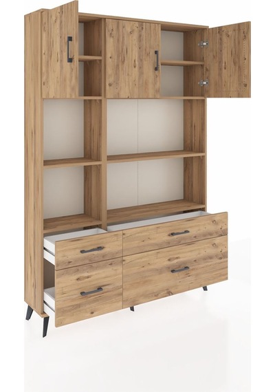 Arges Dolap 8 Raflı 4 Çekmeceli 3 Kapaklı 132x30x195 Çam-çam/çam Çam