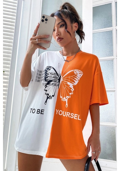 Unisex To Be Yourself Baskılı Tasarım Tshirt Turuncu