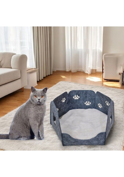 Kedi Yatağı Yuvası Evi Minderli Taşınabilir 3 Mm Keçe Altıgen Tasarım Yuva+minder Gri
