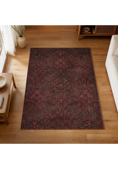 Kartela Halı Paisley Halı Kaymaz Taban Makinede Yıkanabilir Halı Bordo - 80 X 120 Cm
