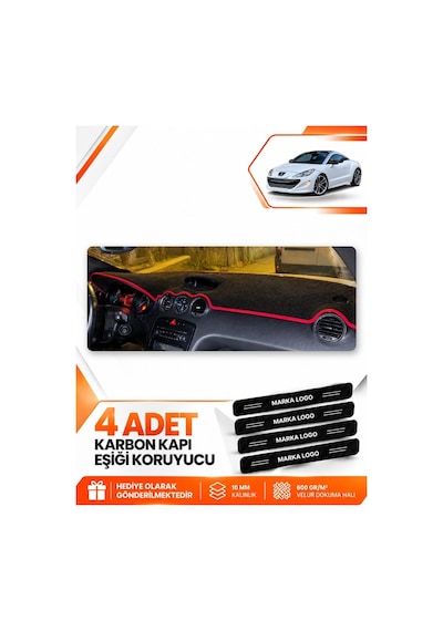 Peugeot Rcz 2010-2015 Uyumlu Ön Torpido Koruma Kılıfı Halısı Örtüsü - Siyah Kırmızı