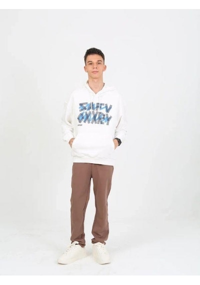 Marions Erkek Çocuk Yazı Detaylı 2 İplik Kapüşonlu Sweatshirt-15229 Ekru