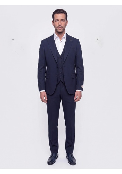 Lacivert Sivri Yaka 6 Drop Regular Fit Yelekli Erkek Takım Elbise Laci