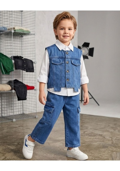 Baby Lory Kids Store Erkek Çocuk Gömlekli Yelekli 3lü Kot Takım Açık Lacivert