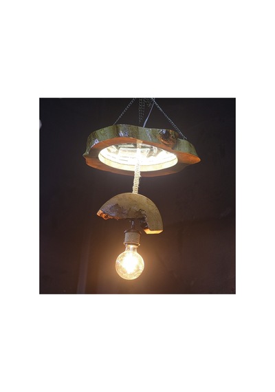 Doğal Ahşap Kütük Avize Kırık Ayna Ve Epoksi Kaplama Led Aydınlatmalı Sarkıt Lamba 40-45 Cm Kahverengi