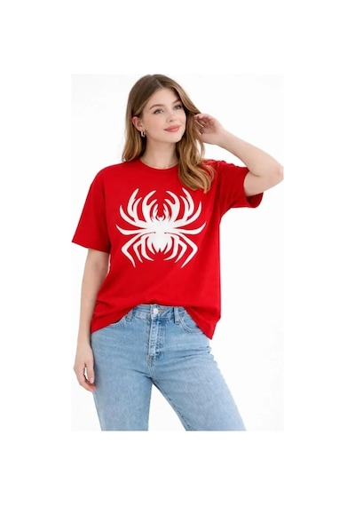 Defymoda Örümcek Baskılı Tişört Kısa Kollu Bisiklet Yaka T-shirt - Kırmızı