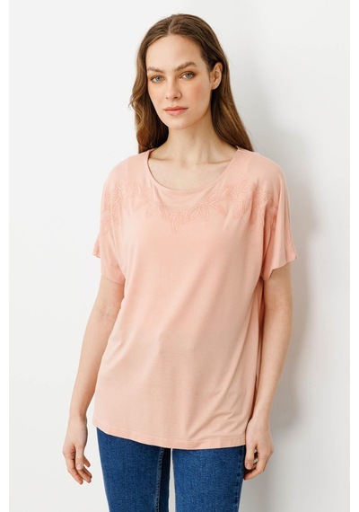 Kadın Sıfır Yaka Boncuk İşlemeli Penye T-shirt Somon Somon
