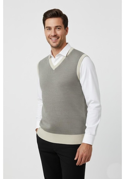 Çizgi Triko Erkek V Yaka Süveter Çelik Örgü Regular Kalıp Bgl-st04840 Taş