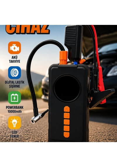 4'ü 1 Arada Akü Takviye Cihazı 1000a Dijital Kompresör 10000mah Powerbank Led Fener