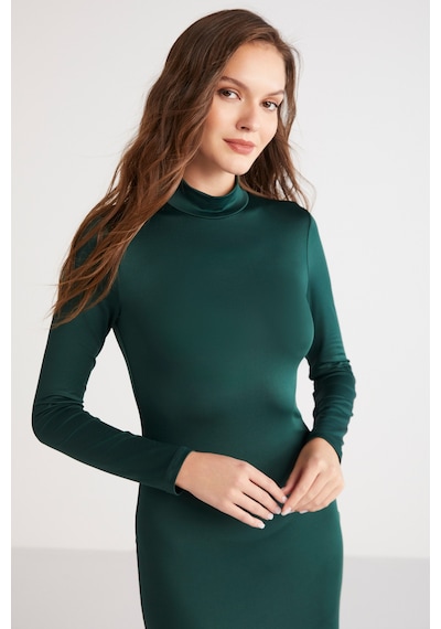 Ethıquet Katja Kadın Vücudu Tamamen Saran Slim Fit Dar Kesim Dik Yaka Midi Boy Yeşil Elbise