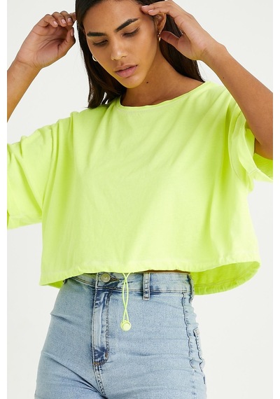 Kadın Neon Yağ Yıkamalı T-shirt Sarı Yeşil