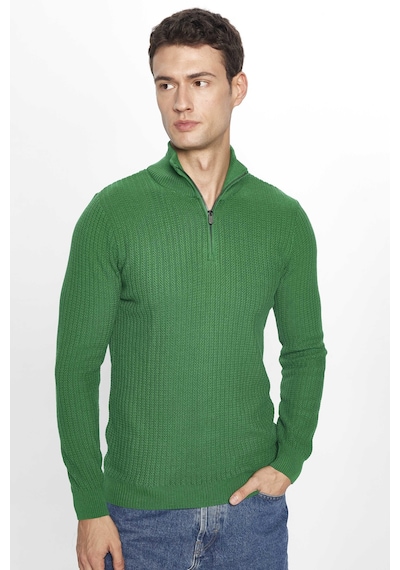 Tudors Erkek Slim Fit Dar Kesim Dik Yaka Fermuarlı Yeşil Kazak-28923 Yeşil