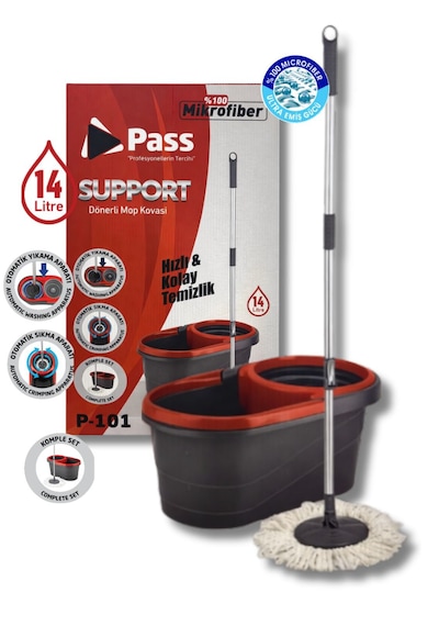 Pass 14 Litre Dönerli Mop Kovası Seti Ayarlanabilir Özellikli 5 Parça Microfiber Temizlik Seti