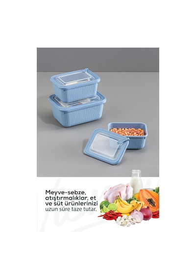 Vienev 3'lü Vip Dikdörtgen Mikrodalga Ve Difrize Uygun Saklama Kabı Seti Mavi 1x 1750,1050,600 Ml Mavi