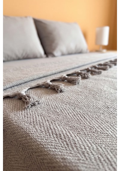 Gri Natural Çift Kişilik Baskılı Pike & Yatak Örtüsü 200x230 Cm
