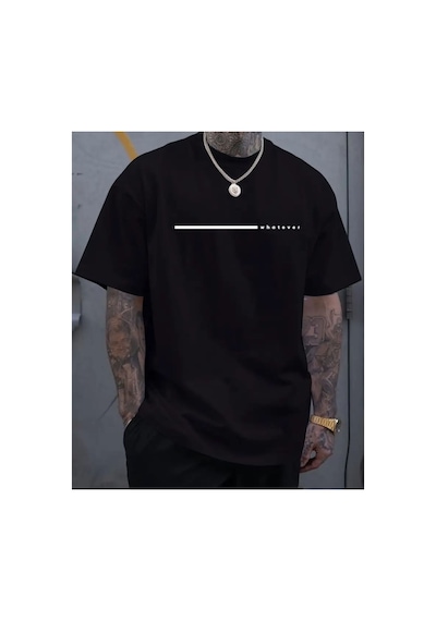 Medinenur Whatever Yazı Detaylı Basic T-shirt Siyah