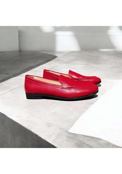 Ne&ve Shoes Kırmızı Hakiki Parlak Deri Kadın Loafer Ayakkabı