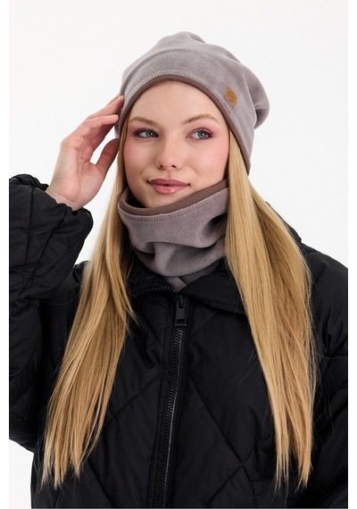 Butikgiz Kadın Dış Kısım Polar, İç Kısım Kaşkorse Pamuklu, Çift Renk, Çift Kat, Katlanabilir Bere Boyunluk Set Gri-kahverengi