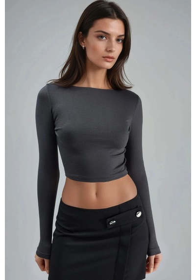 Hiccup Busem Sırt Dekolteli Slim Fit Kısa Bluz Koyu Gri