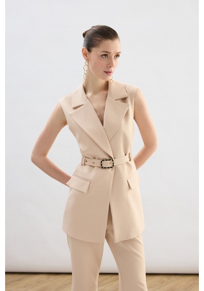 Sateen Kemer Detaylı Yelek - Bej-136848 Bej