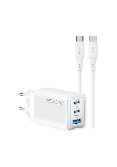 Recci Rc123e 65w Type-c Pd Gan Teknolojili Mini Hızlı Şarj Seti 1m Beyaz