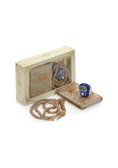 Lacivert Taşlı Zikirmatik - Mini Kadife Yasin - İnci Tesbihli Hediyelik Set - Gold Renk