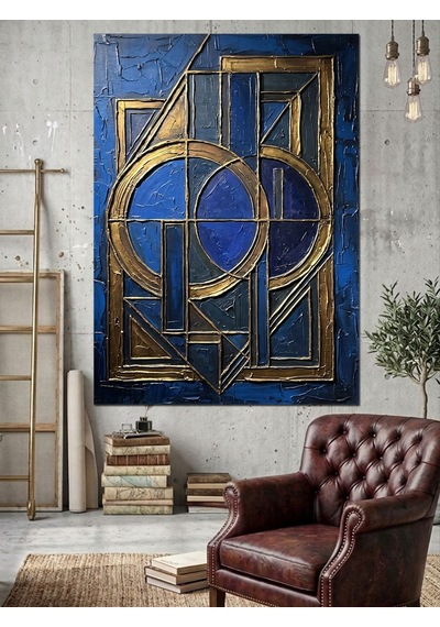 Mavi Altın Art Deco Geometrik Çerçeve Dekoratif Kanvas - Mdf Ahşap Tablo Çok Renkli