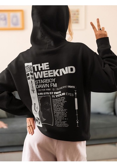 Sevbano The Weeknd Starboy Dawn Fm Yazılı Unisex Oversize Rapper Tasarım Siyah