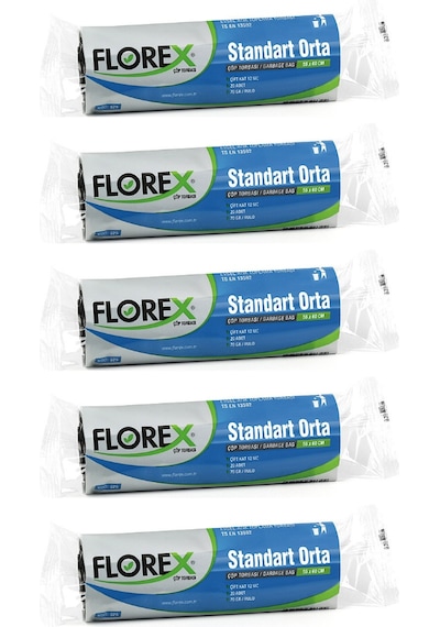 Florex Standart Orta Boy Çöp Torbası 55x60 Cm 20'li Rulo Siyah 5 Rulo (100 Adet)