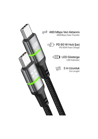 Type C Hızlı Şarj Kablosu Type-c To Type-c 60w 480 Mpbs 2m Pd Örgü Led Göstergeli X6422