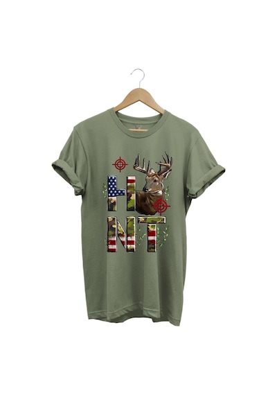 Hunting Avcılık Geyik Ve Kamuflaj Hunt Yazı Baskılı %100 Pamuk Regular Fit Bisiklet Yaka T-shirt Haki