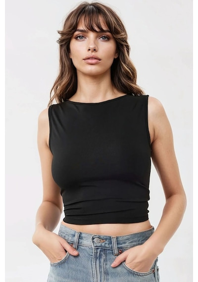 Hiccup Slim Fit Sırtı Açık Kayık Yaka Örme Üst Siyah