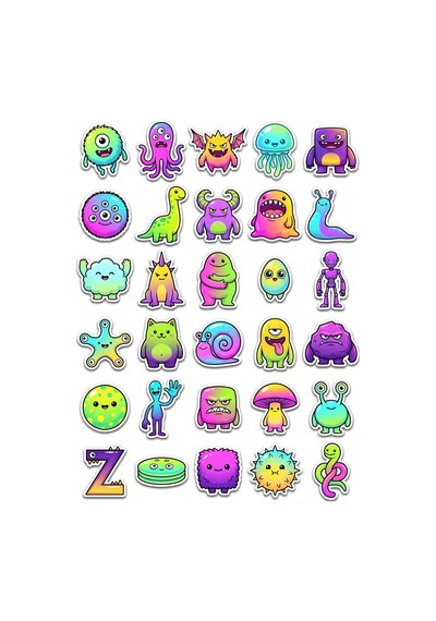 30 Adet Neon Renkli Canavar Sticker Seti - Laptop Defter Telefon İçin Çok Renkli