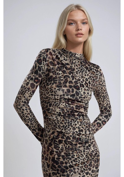 Lijuri Leopar Desenli Uzun Kadife Elbise 2989 Leopar