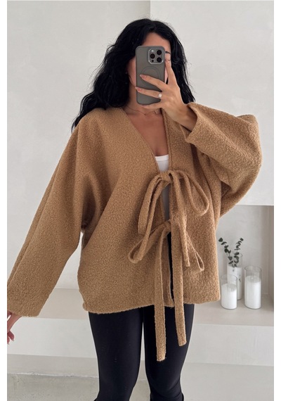 Femelle Camel Bürümcük Bağlamalı Oversize Hırka Yarasa Kol Standart Beden