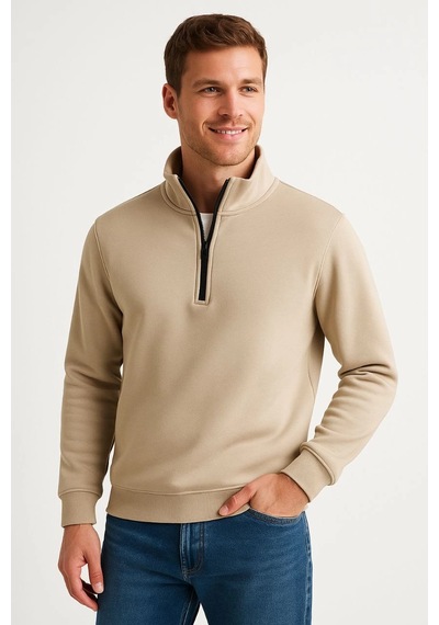 Barlashive Erkek Dik Yaka Sweatshirt Dik Yaka Yarım Fermuarlı 3 İplik Pamuk Kumaş - Bej Çok Renkli