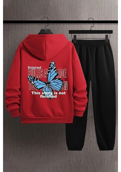 Uyguntarz Unisex Kelebek Baskılı Eşofman Takımı Kırmızı
