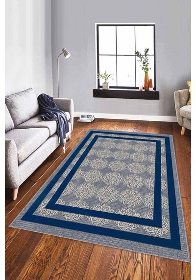 Lacivert Çerçeveli Kaymaz Tabanlı Dekoratif Halı Rv086n11