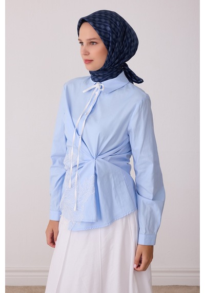 Belli Geometrik Desen %100 Twill İpek Eşarp Be25 Lacivert