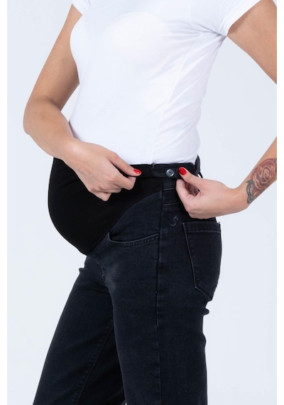 Busa Hamile Esnek Karın Bantlı Beli Ayarlanabilir Büyük Beden Mom Fit Kot Pantolon Siyah-siyah