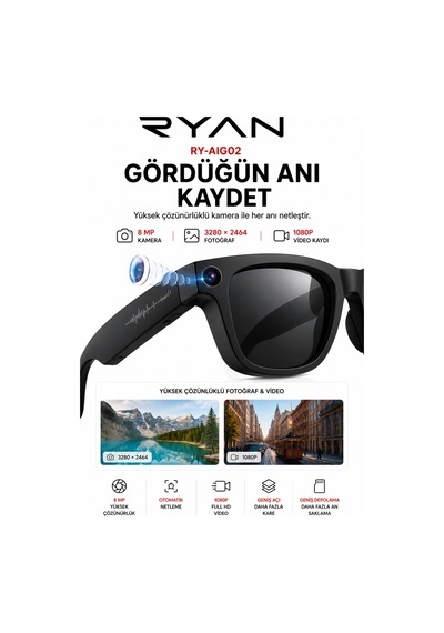 Yapay Zeka Destekli Kameralı Akıllı Güneş Gözlüğü 8mp Anlık Çeviri Bluetooth Sesli Asistan Fotoğraf Video Ry-aıg02