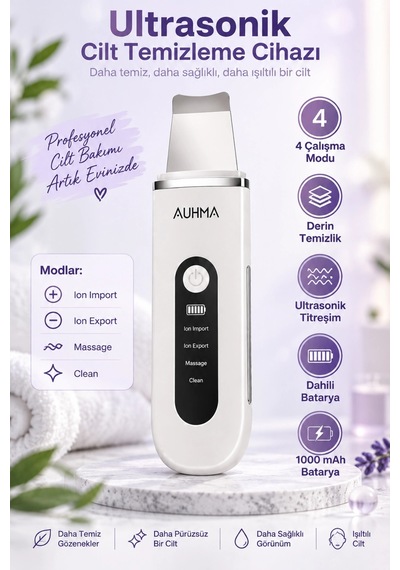 Auhma Ahb-13 Ultrasonik Cilt Temizleme Cihazı 4 Modlu Siyah Nokta Gözenek Temizleyici İyonlu Yüz Pee