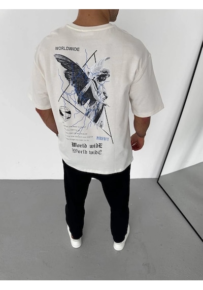 Barlashive Erkek Yazlık Baskılı Tişört Bisiklet Yaka Kısa Kol Regular Fit T-shirt - Beyaz Çok Renkli