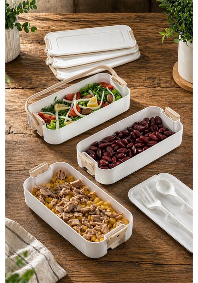 3 Katlı Bölmeli Lunchbox - Kilitli - Taşıma Saplı - Kaşık & Çatal Dahil Bej