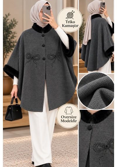 Genel Markalar Novea Scarf Fiyonk Modelli Kürklü Triko Panço Gri - 942431234 Gri
