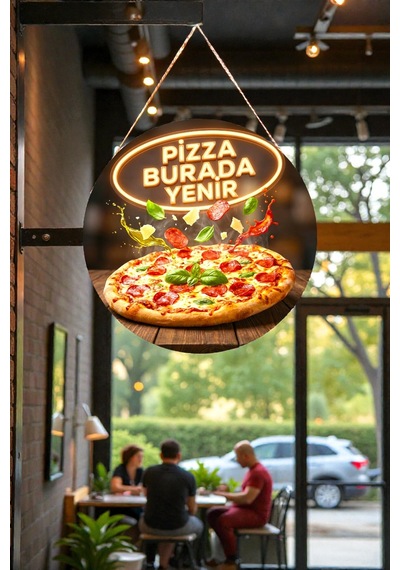 Pizza Burada Yenir İpli Mdf Ahşap Kapı Duvar Süsü, Cafe, Restoran, Salon Dekoratif Tablo