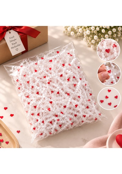 Kırpık Kağıt Z Zigzag 250 Gram Beyaz Renk Kırmızı Kalp Desenli Hediye Kutusu İçi Dolgu Kağıdı, Hediye Paketleme Ve Dekoratif Ambalaj Süsü